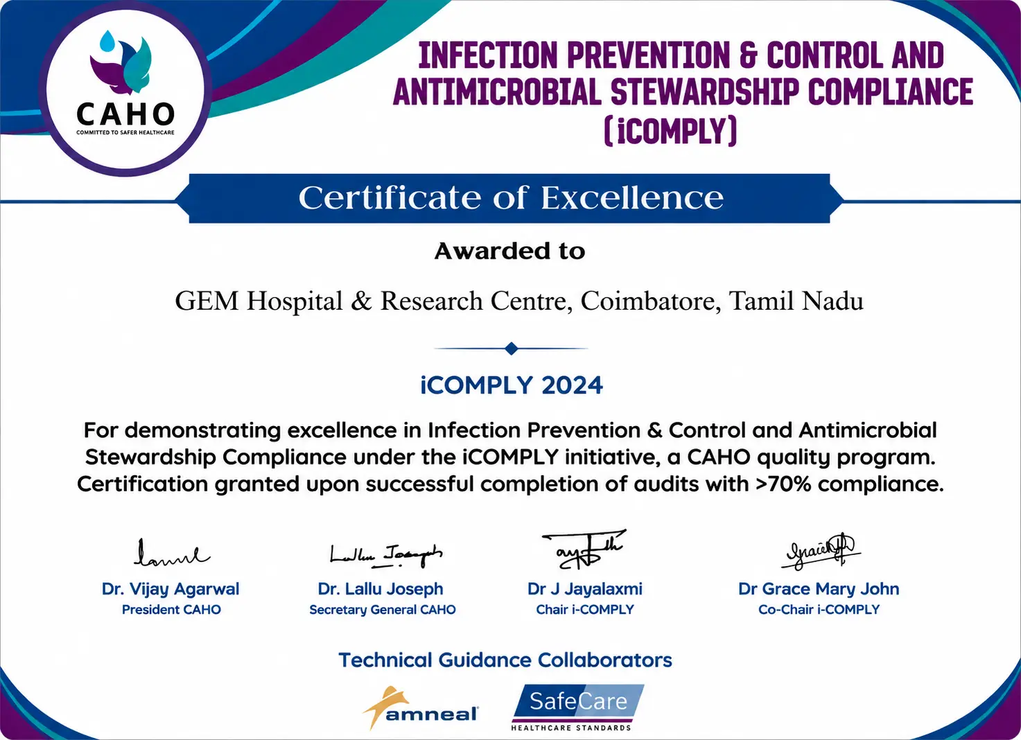 iCOMPLY 2024 Certificate of Excellence - GEM Hospital